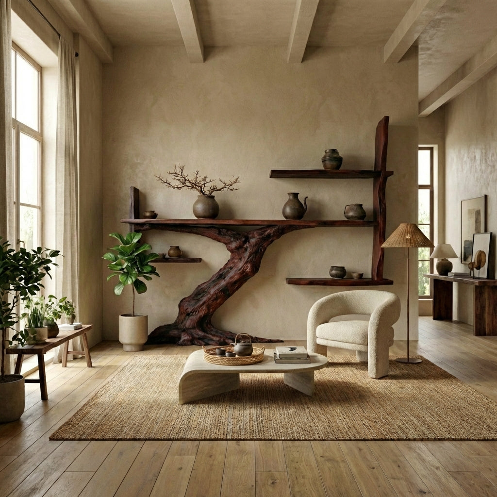 Japandi Sculptural Tree Trunk Shelves for Luxury Interiors