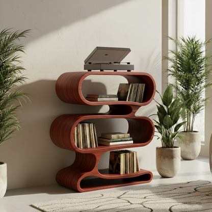 Organic Loop-Form Solid Wood Turntable Cabinet with Layered Vinyl Storage