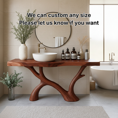 Organic Modern Solid Wood Bathroom Vanity with Sculpted Branch-Form Base