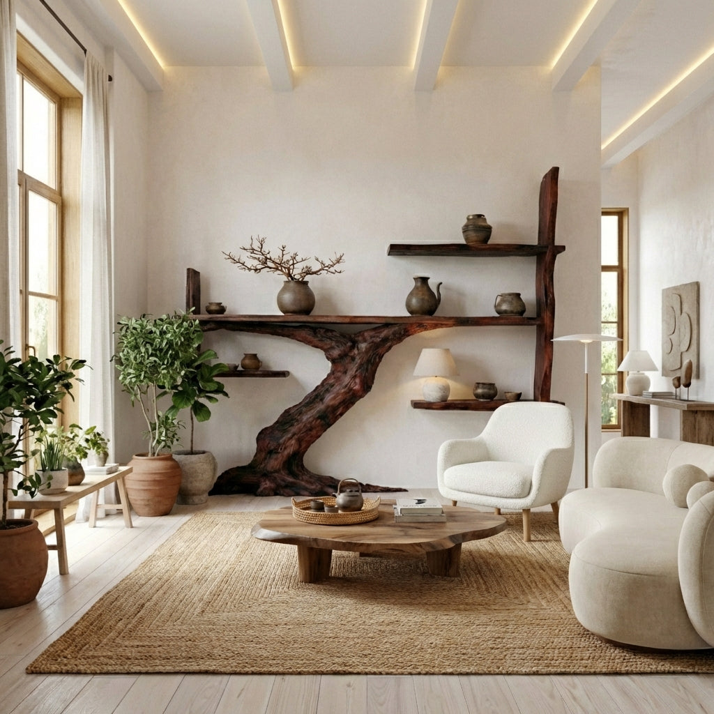 Japandi Sculptural Tree Trunk Shelves for Luxury Interiors