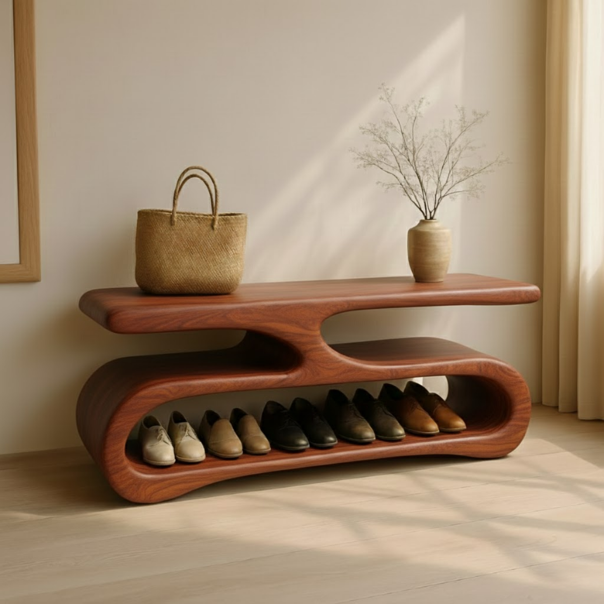 Organic Flow Shoe Bench in Solid Wood – Sculptural Entryway Storage