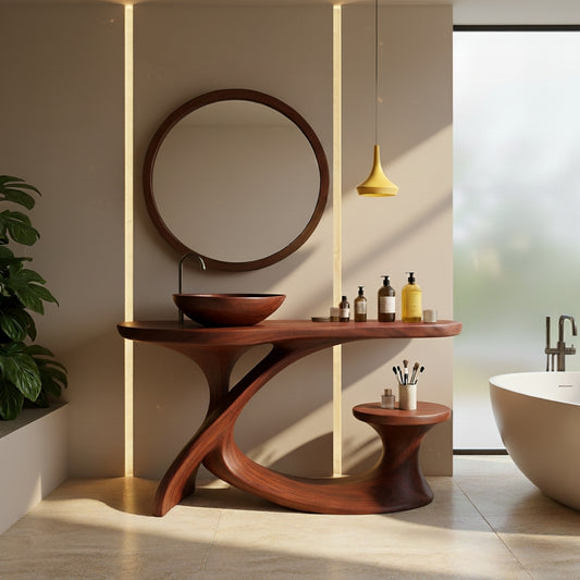 Organic Modern Solid Wood Bathroom Vanity with Sculpted Cross-Flow Base and Integrated Side Console