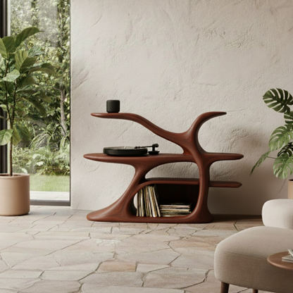 Organic Sculptural Turntable Console in Branch-Flow Solid Wood Design