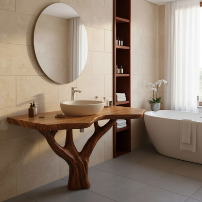 Organic Modern Solid Wood Bathroom Vanity with Live-Edge Top and Sculpted Tree-Trunk Base