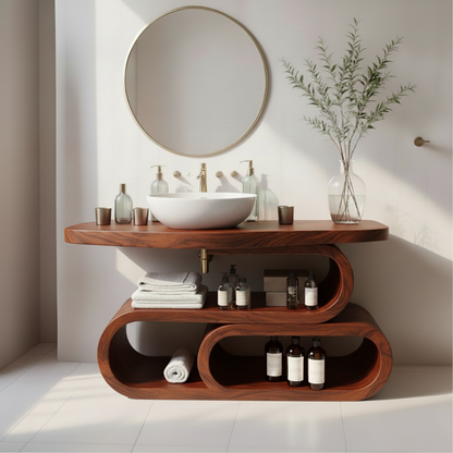 Organic Modern Solid Wood Bathroom Vanity with Sculpted Loop Shelving