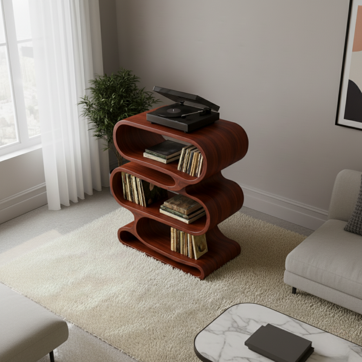 Organic Loop-Form Solid Wood Turntable Cabinet with Layered Vinyl Storage