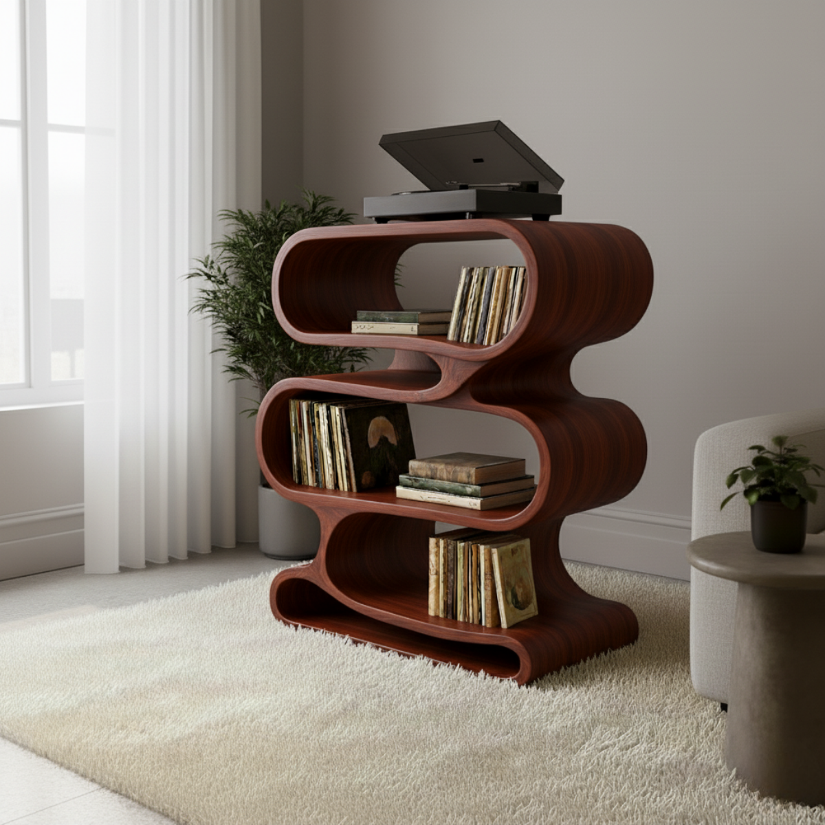 Organic Loop-Form Solid Wood Turntable Cabinet with Layered Vinyl Storage