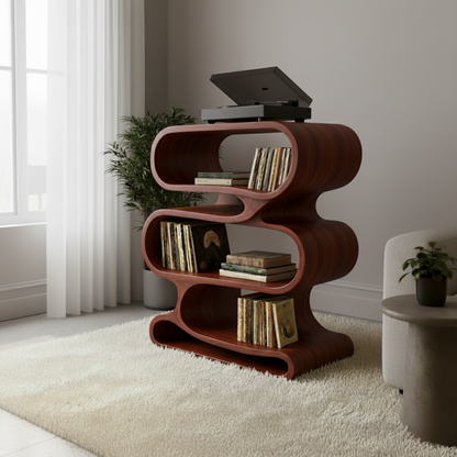 Organic Loop-Form Solid Wood Turntable Cabinet with Layered Vinyl Storage