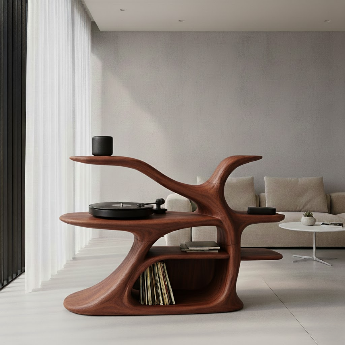Organic Sculptural Turntable Console in Branch-Flow Solid Wood Design