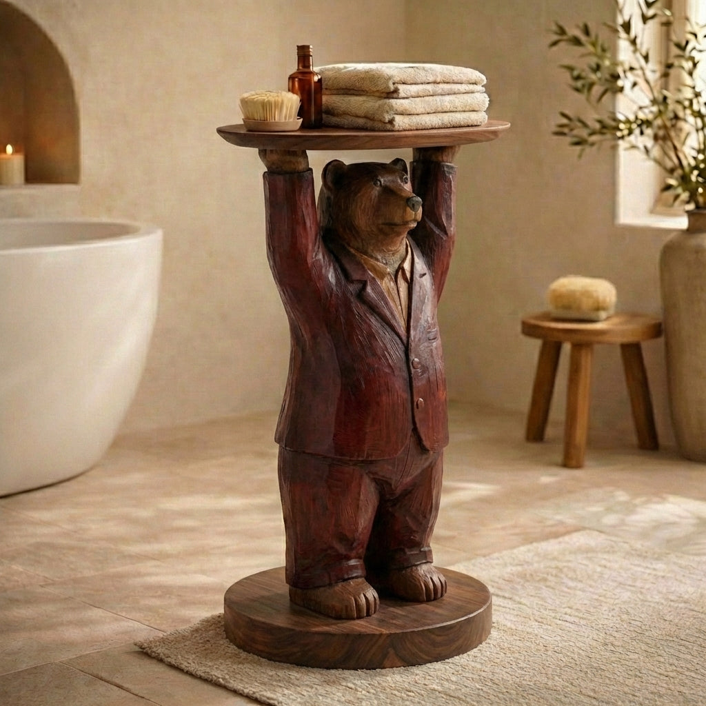 Hand-Carved Bear Butler Bathroom Side Table