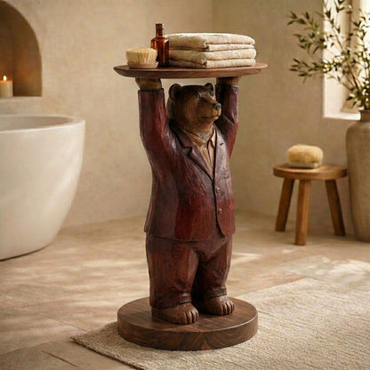 Hand-Carved Bear Butler Bathroom Side Table