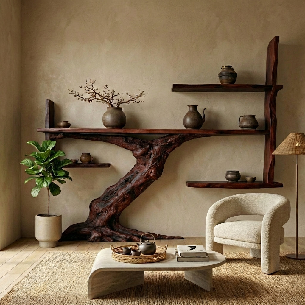 Japandi Sculptural Tree Trunk Shelves for Luxury Interiors