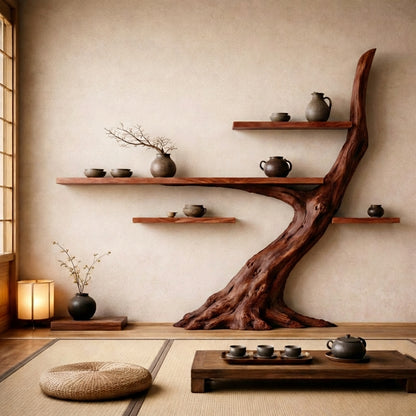 Japandi Tree Trunk Wall Shelves – Handcrafted Luxury Wood Art