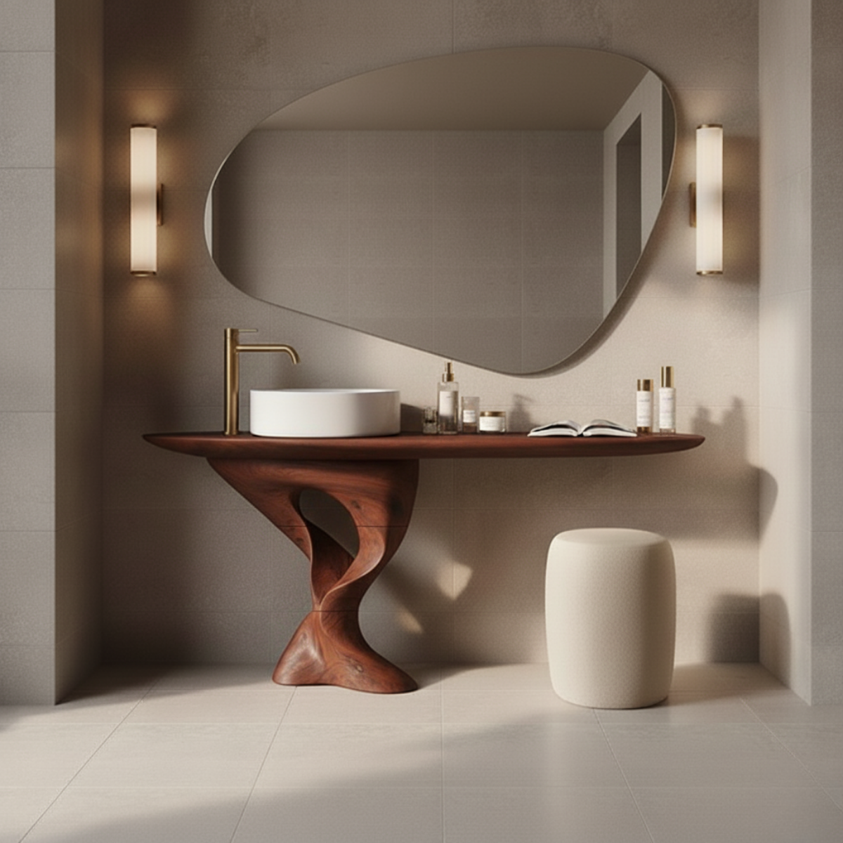 Organic Modern Solid Wood Bathroom Vanity with Sculpted Tree-Trunk Pedestal and Curved Live-Edge Top