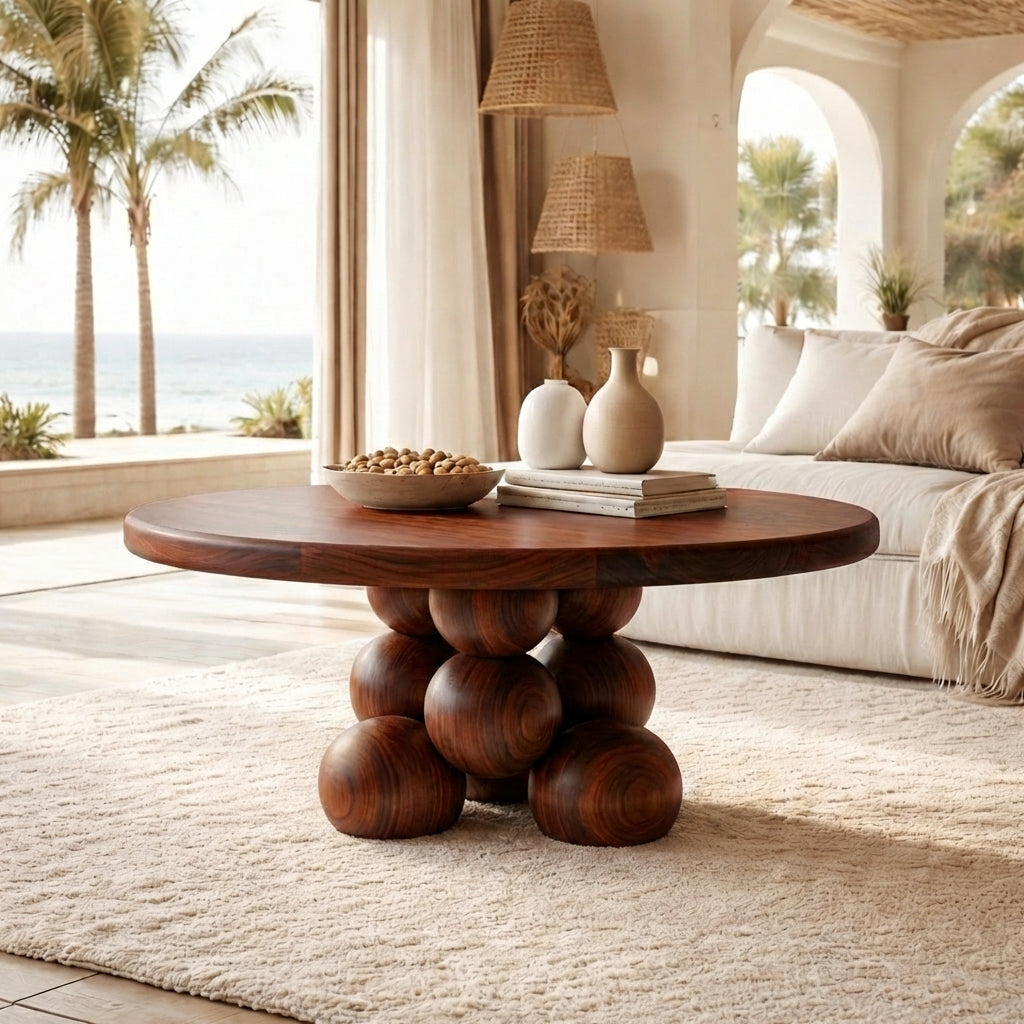 Nine Prosperity Sculptural Coffee Table – Solid Wood Sphere Base, Luxury Gallery Living Room Centerpiece