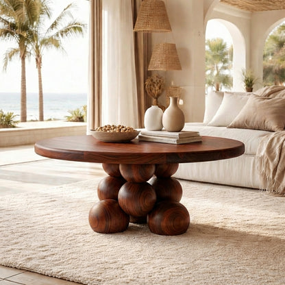 Nine Prosperity Sculptural Coffee Table – Solid Wood Sphere Base, Luxury Gallery Living Room Centerpiece