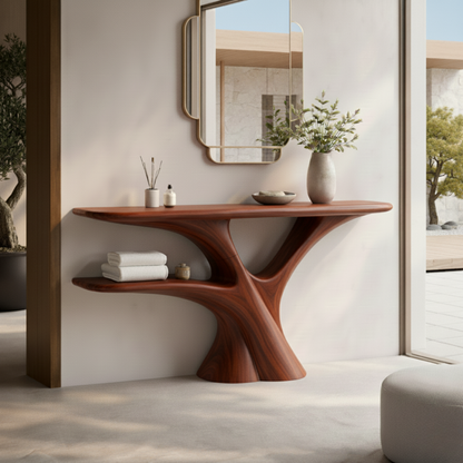 Handmade Live Edge Wood Console Table – Rustic Sculpture Table with Tree Base