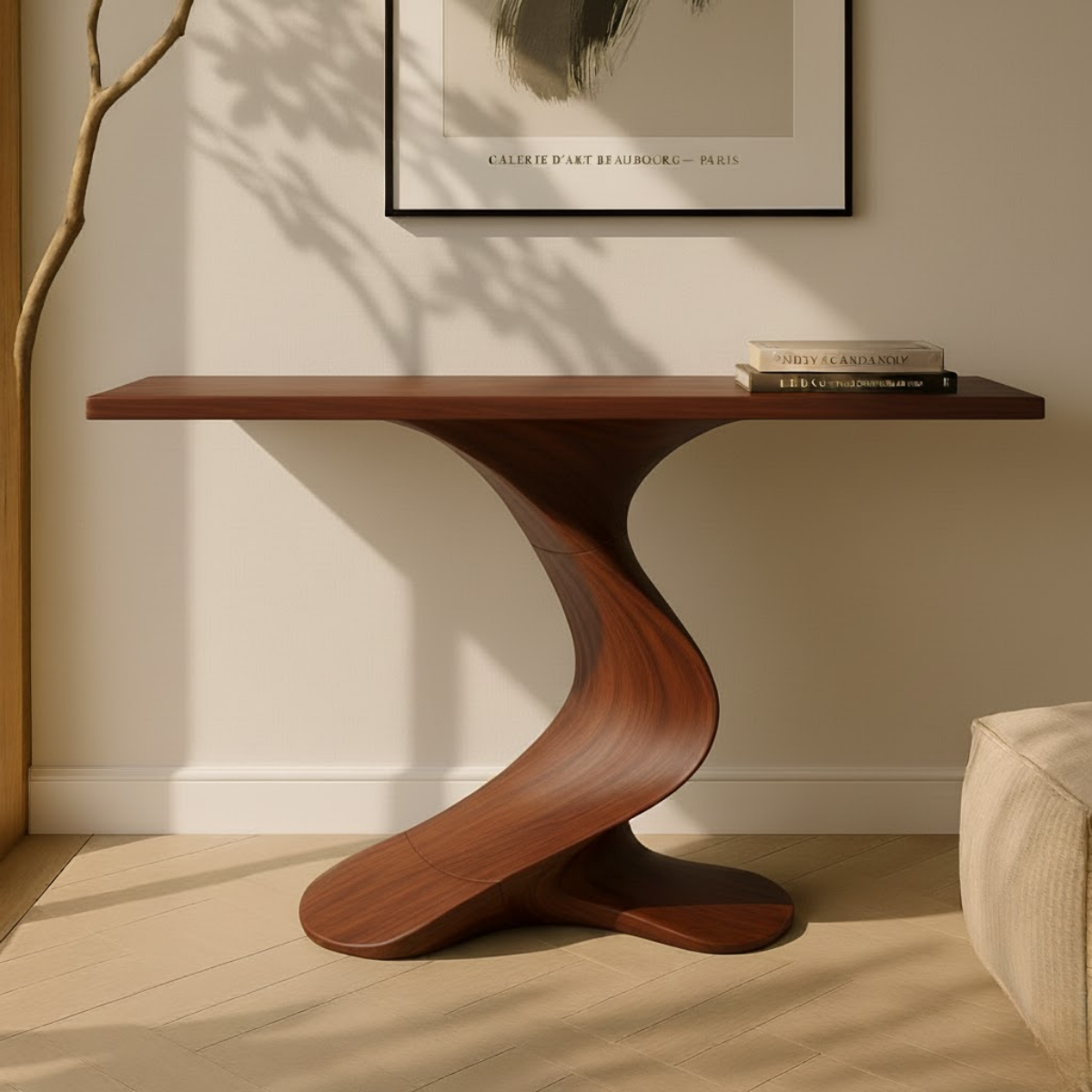 Organic Modern Solid Wood Console Table Featuring a Sculpted S-Curve Base