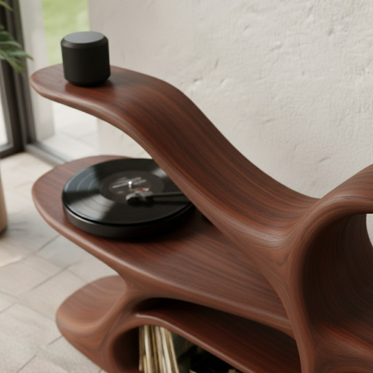 Organic Sculptural Turntable Console in Branch-Flow Solid Wood Design