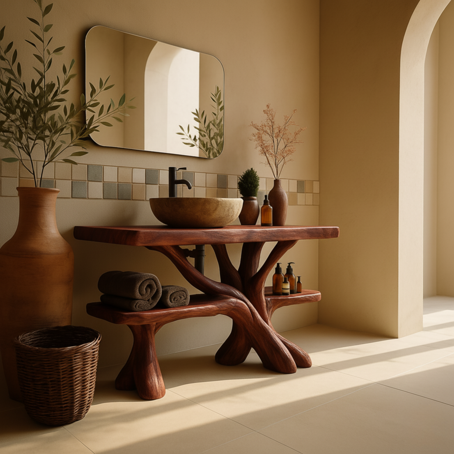 Rustic Luxury Wood Bathroom Vanity with Tree-Root Design
