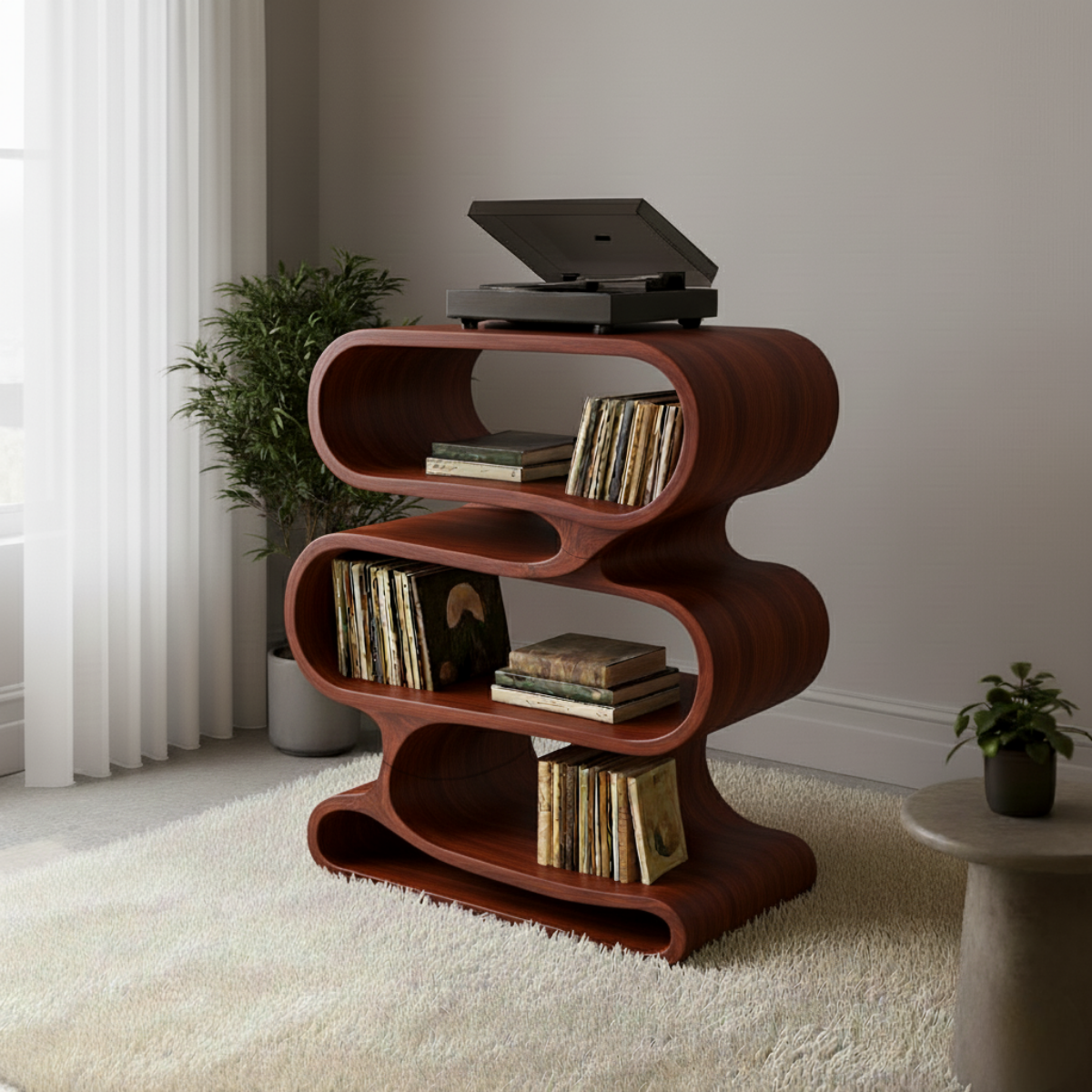 Organic Loop-Form Solid Wood Turntable Cabinet with Layered Vinyl Storage