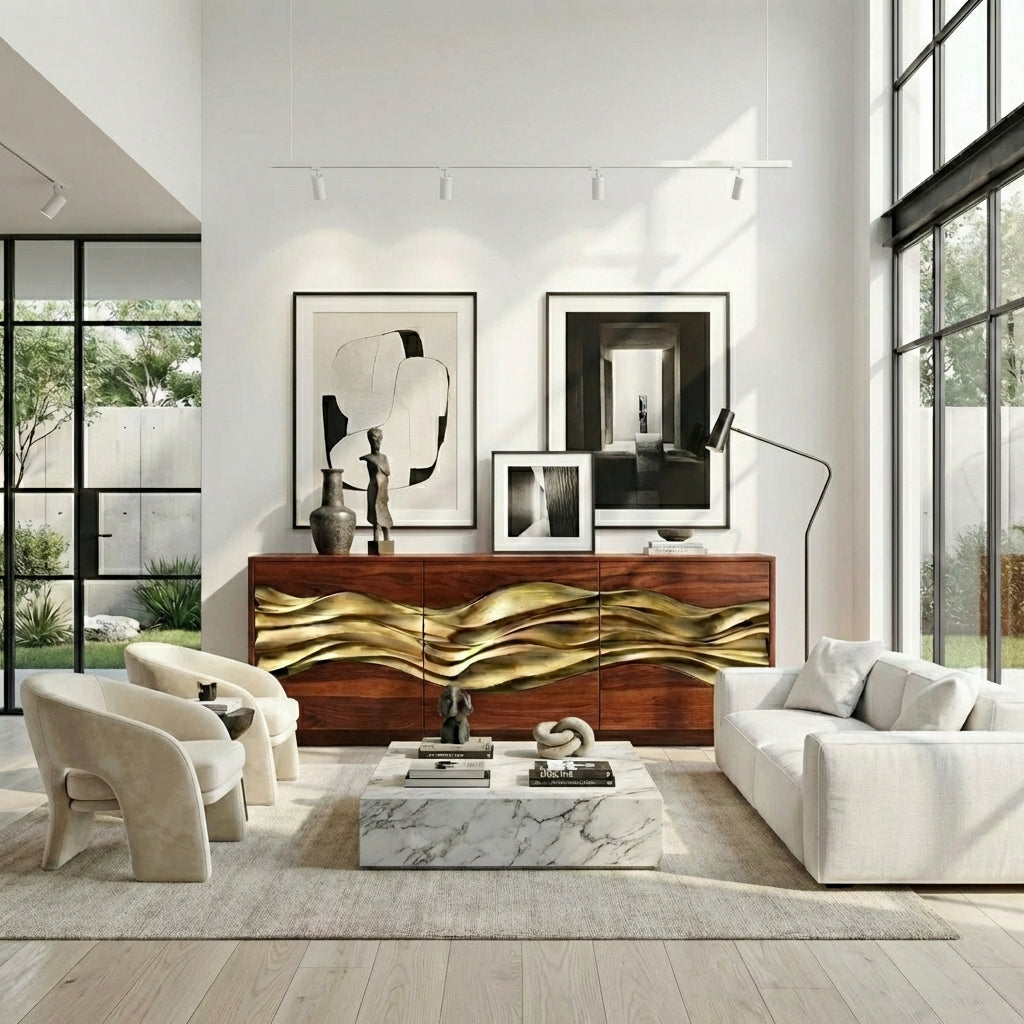 Architectural Sculptural Sideboard | Cabinet with Hand-Carved Gold-Plated Wave
