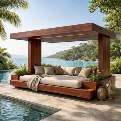 Sculptural Outdoor Wooden Daybed with Flowing Canopy