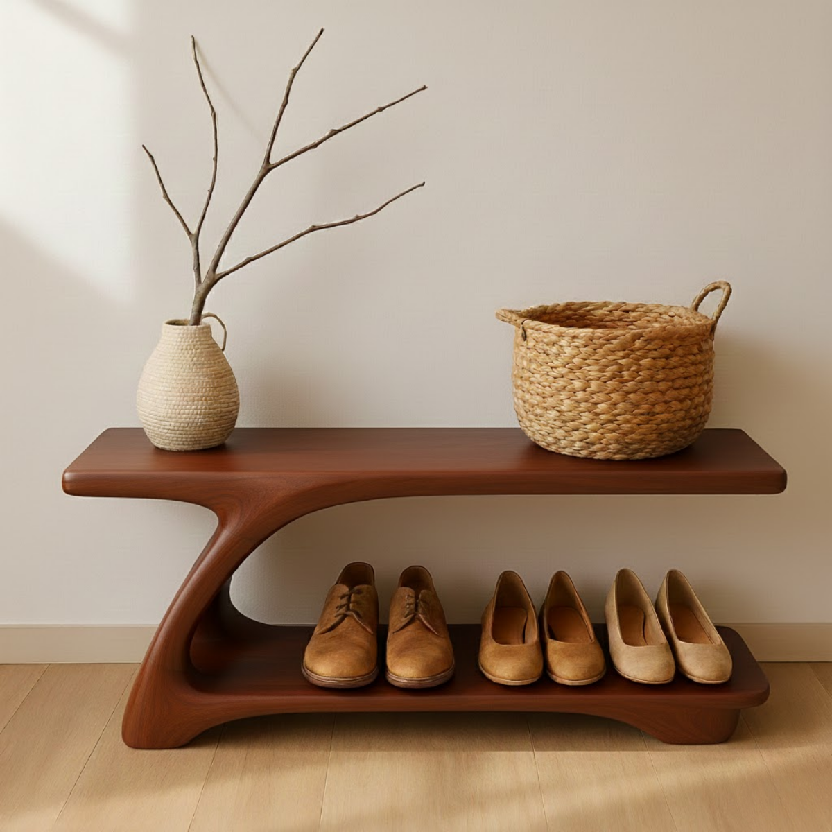 Sculpted Solid Wood Shoe Bench with Fluid Curved Base