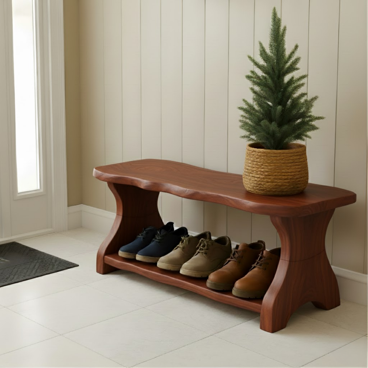 Live-Edge Solid Wood Shoe Bench – Organic Entryway Storage Seat