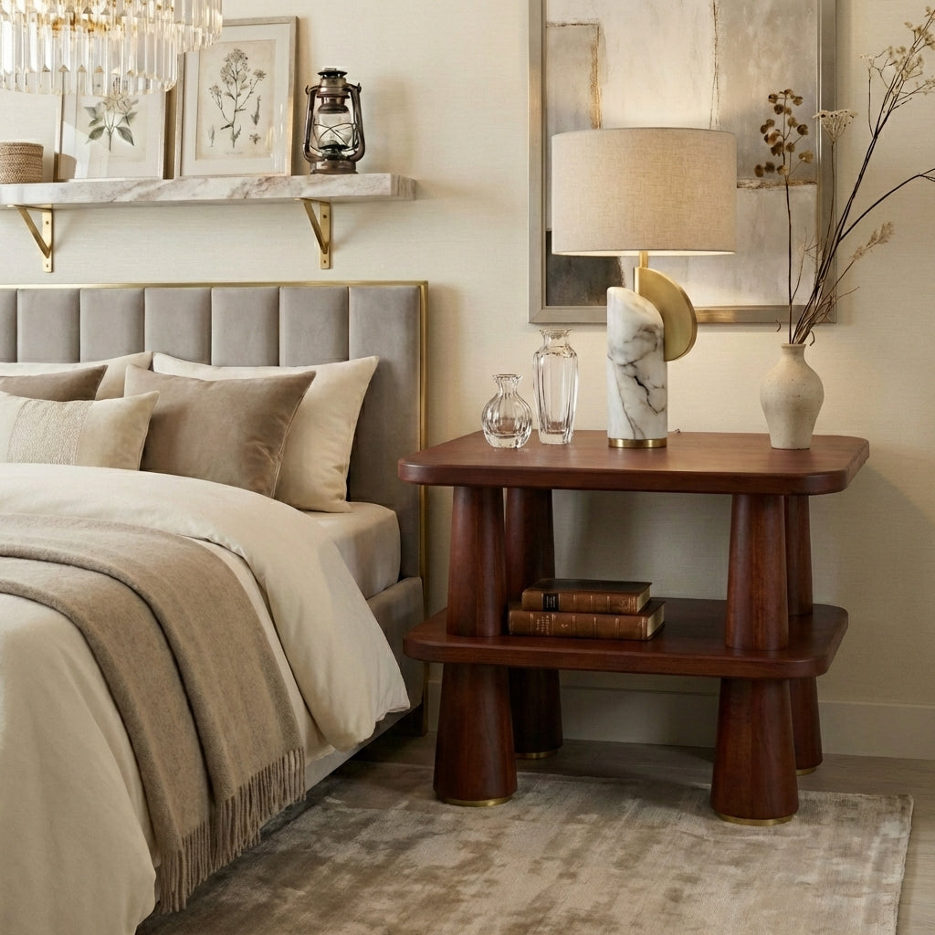 Handcrafted Solid Wood Side Table - Luxurious Bedside Table With Sculpted Trapezoid Design
