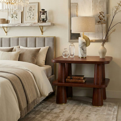 Handcrafted Solid Wood Side Table - Luxurious Bedside Table With Sculpted Trapezoid Design