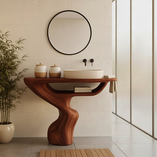 Organic Modern Solid Wood Bathroom Vanity with Sculpted Pedestal Base