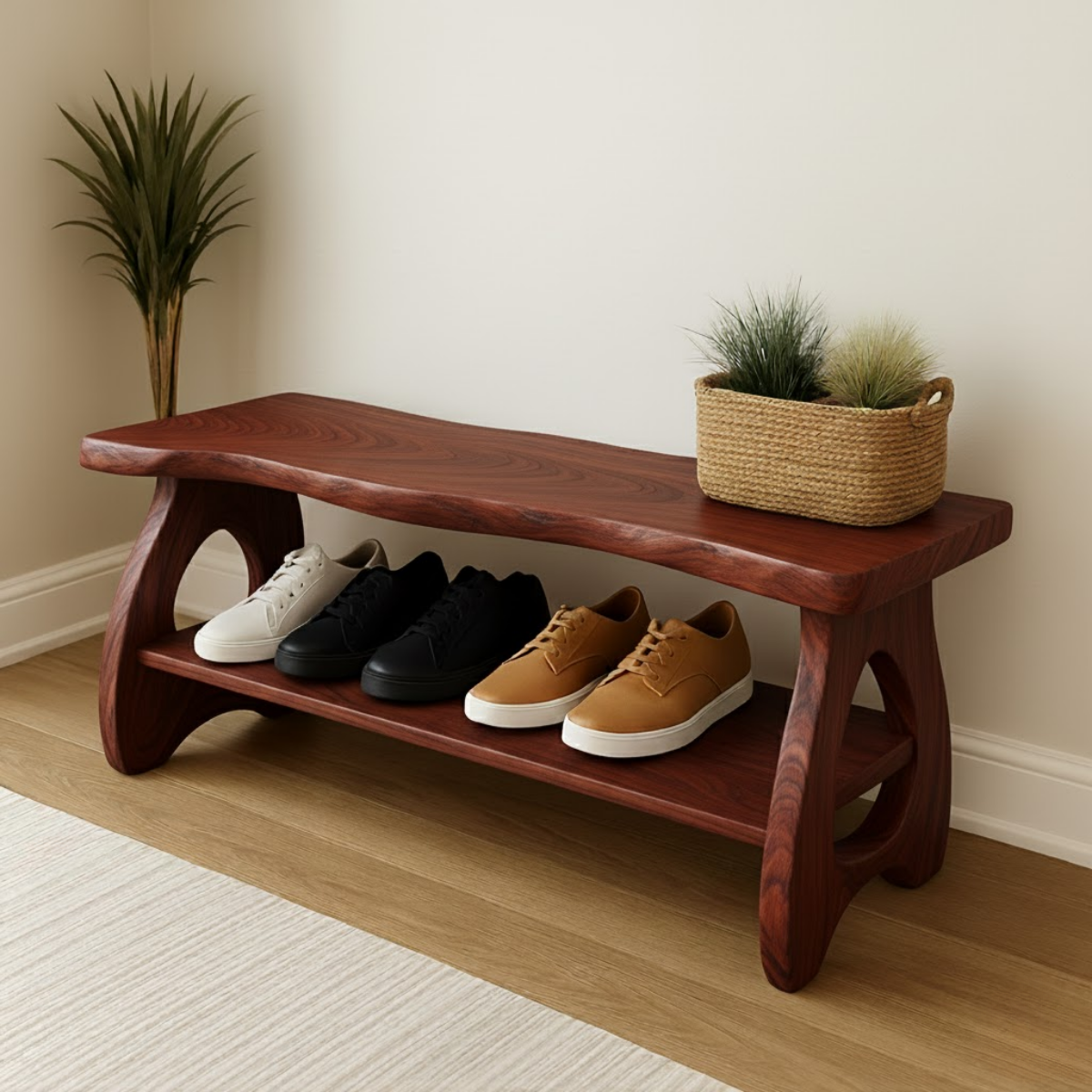 Solid Wood Shoe Bench Featuring Live-Edge Top & Organic Sculpted Legs