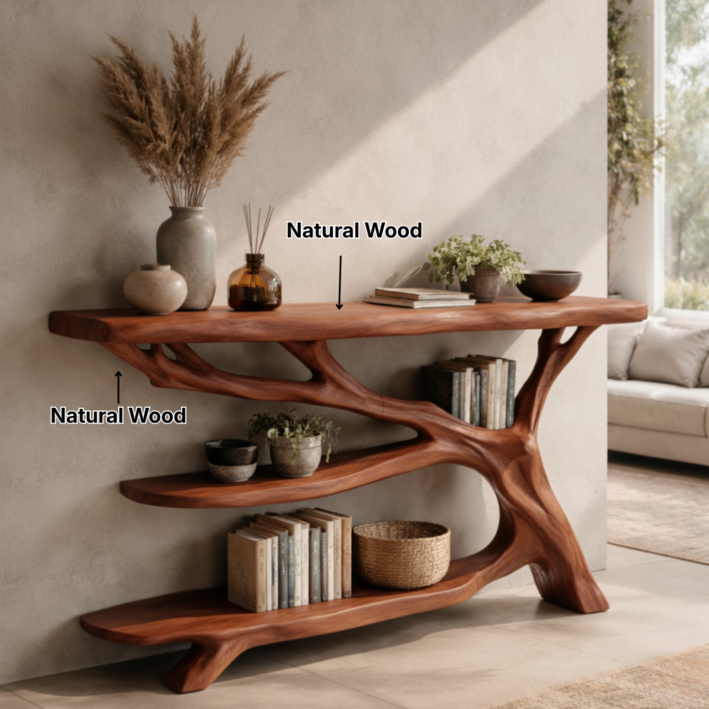 Sculptural Live Edge Wood Console Table with Organic Tree Base – Modern Rustic Design