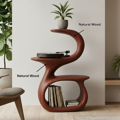 S-Curve Sculpted Solid Wood Turntable Cabinet with Integrated Vinyl Storage