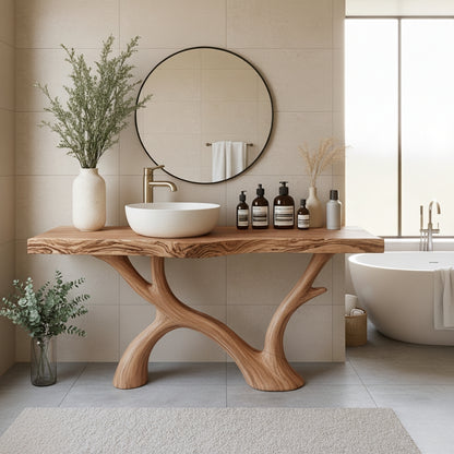 Organic Modern Solid Wood Bathroom Vanity with Sculpted Branch-Form Base