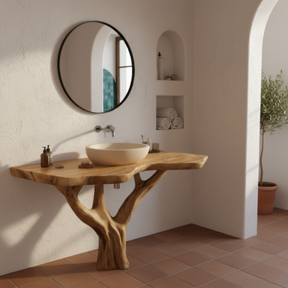 Organic Modern Solid Wood Bathroom Vanity with Live-Edge Top and Sculpted Tree-Trunk Base