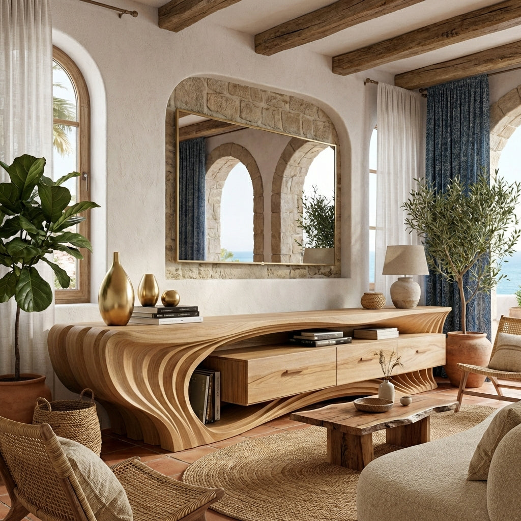 Sculptural Wave Solid Wood TV Console – A Statement of Architectural Luxury