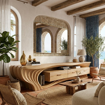 Sculptural Wave Solid Wood TV Console – A Statement of Architectural Luxury