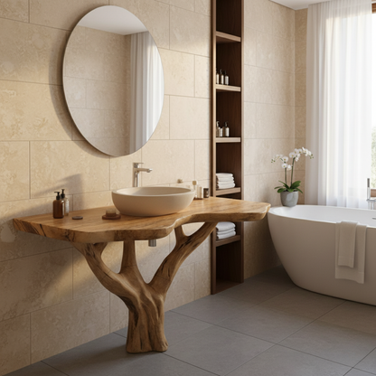 Organic Modern Solid Wood Bathroom Vanity with Live-Edge Top and Sculpted Tree-Trunk Base