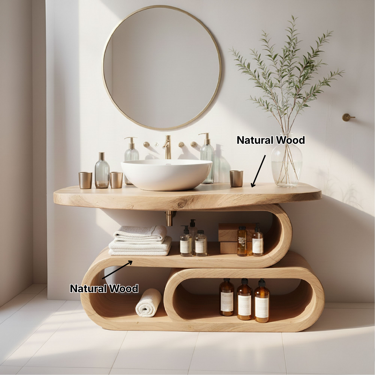 Organic Modern Solid Wood Bathroom Vanity with Sculpted Loop Shelving