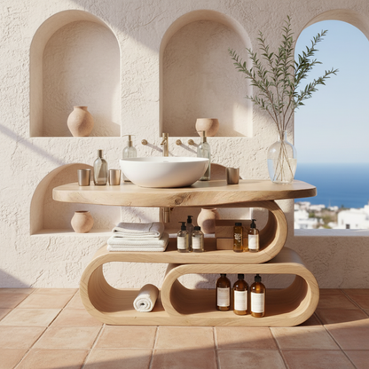 Organic Modern Solid Wood Bathroom Vanity with Sculpted Loop Shelving