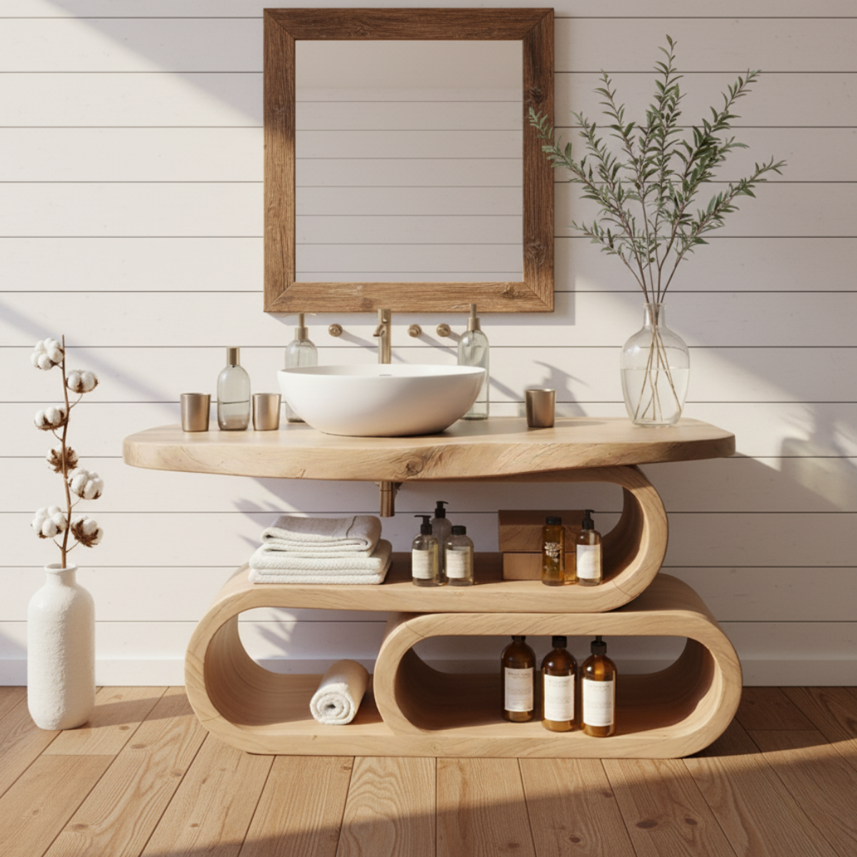 Organic Modern Solid Wood Bathroom Vanity with Sculpted Loop Shelving