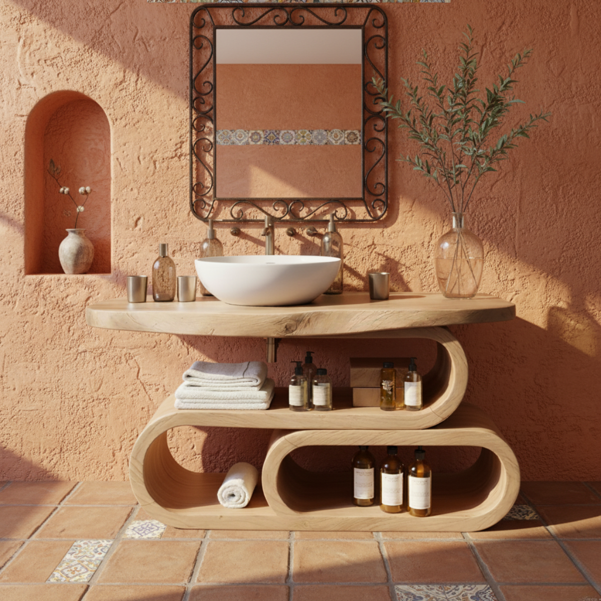 Organic Modern Solid Wood Bathroom Vanity with Sculpted Loop Shelving