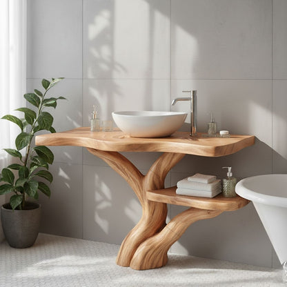 Organic Modern Solid Wood Bathroom Vanity with Tree-Trunk Sculpted Base and Live-Edge Shelf