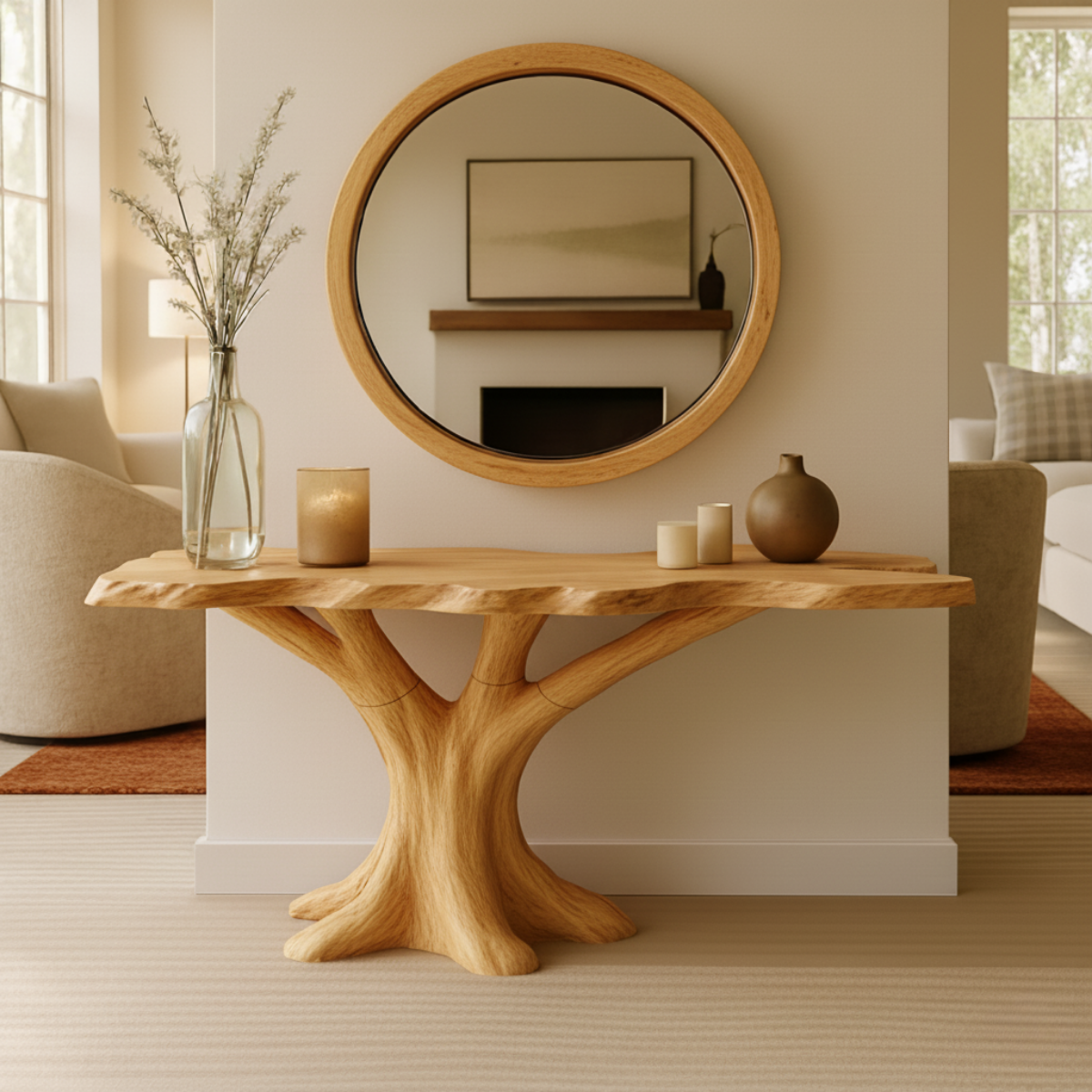 Organic Modern Solid Wood Console Table with Sculpted Tree-Trunk Base and Live-Edge Top