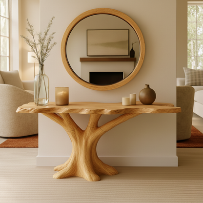Organic Modern Solid Wood Console Table with Sculpted Tree-Trunk Base and Live-Edge Top