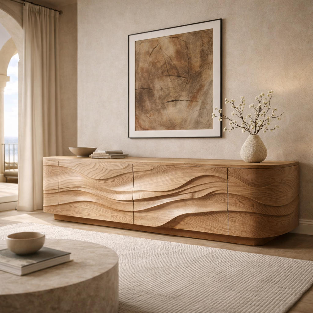 Sculptural Wave Solid Wood Sideboard – Luxury Statement for Refined Interiors