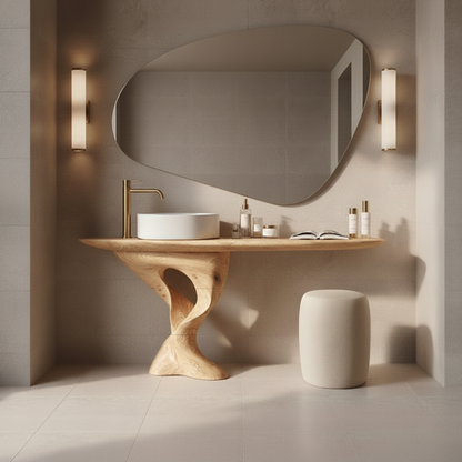 Organic Modern Solid Wood Bathroom Vanity with Sculpted Tree-Trunk Pedestal and Curved Live-Edge Top