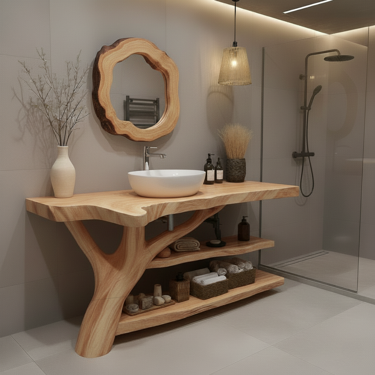 Organic Modern Solid Wood Bathroom Vanity with Tree-Trunk Base and Multi-Level Shelving